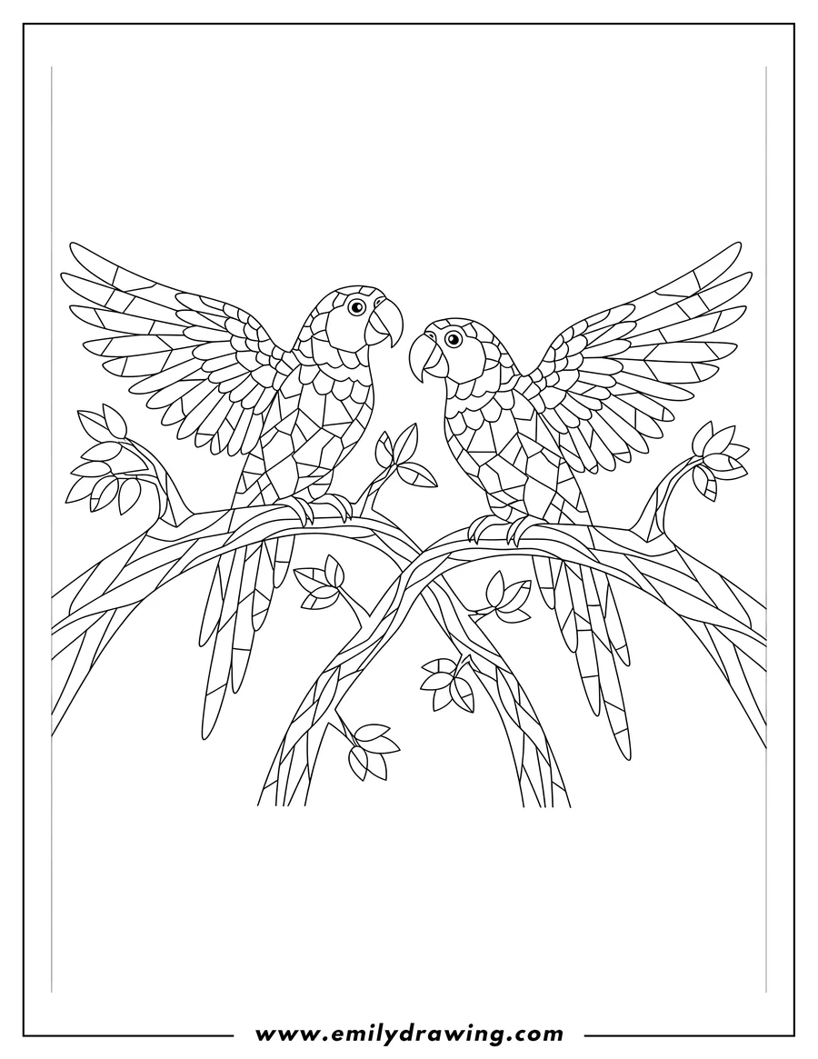 Doodle style coloring picture of two Parrots Perched On Tree Branches Mosaic