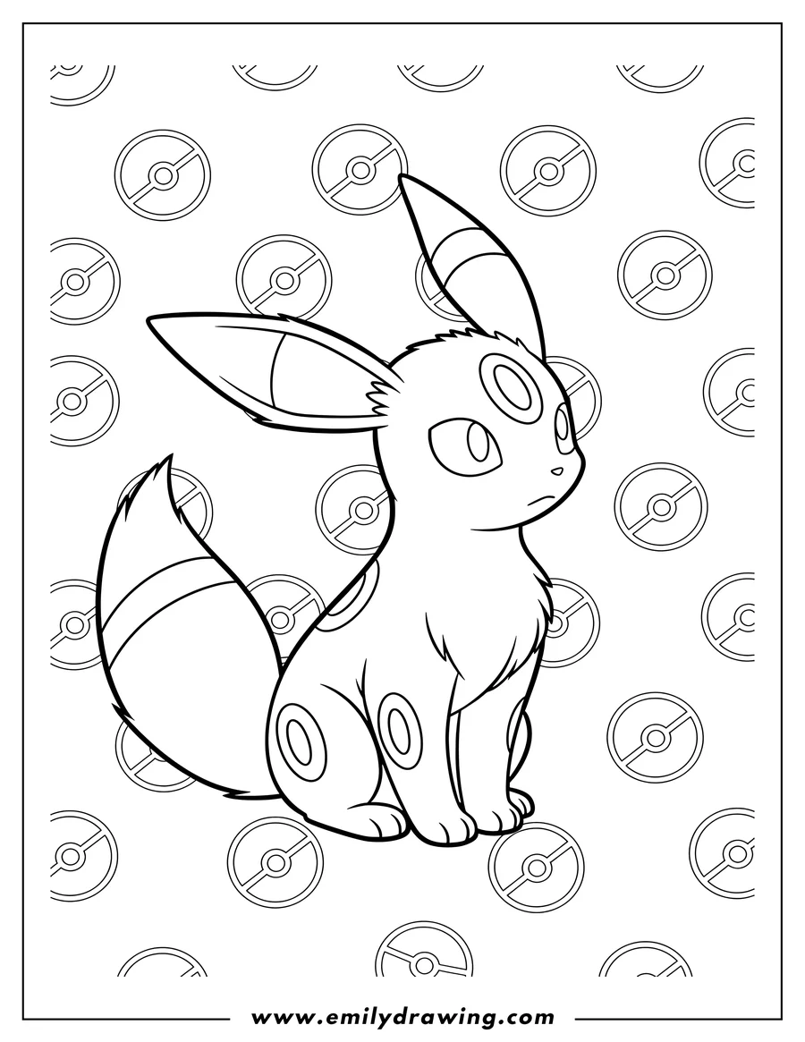 Vector style outline of umbreaon sitting and looking right with a Pokeballs background