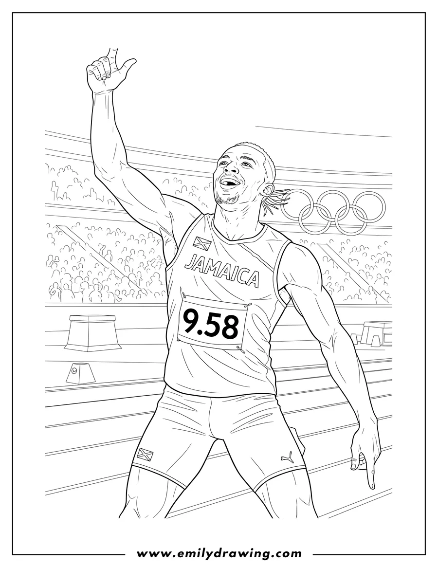 Coloring sheet featuring usain Bolt Iconic Pose After Olympic Race, striking his Lightning Bolt gesture while wearing a Jamaica uniform