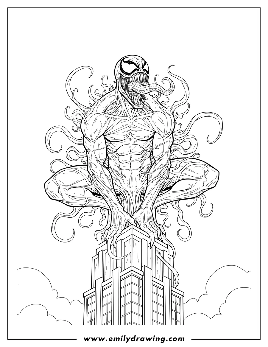 Linear illustration of venom Crouching On Top Skyscraper, with sharp teeth and tendrils