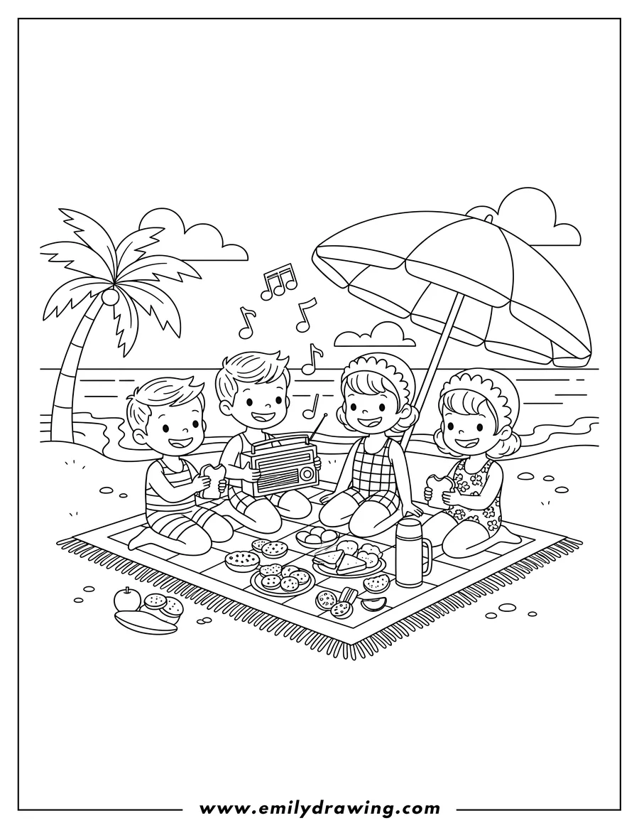 Free printable coloring sheet of vintage Beach Picnic With Friends Wearing Swimsuits, Sitting on a Blanket with Snacks, Listening To Radio By Ocean