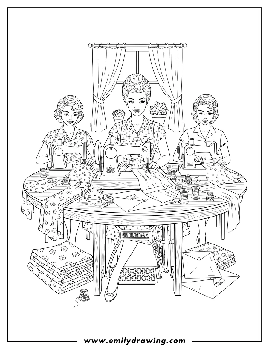 Outline drawing of vintage Homemakers sewing on sewing machines around a round table with fabric and thread spools