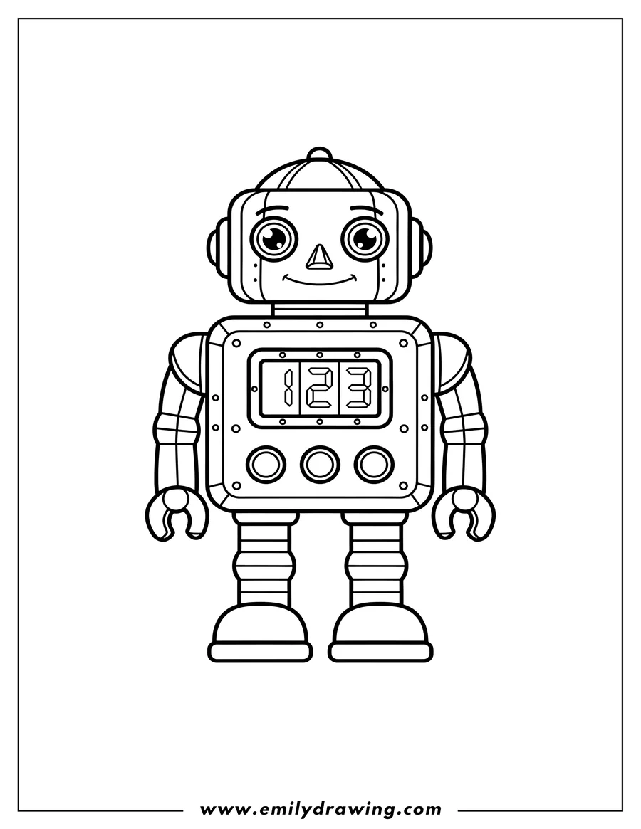 Clean line drawing: vintage Toy Robot, standing, with a numeric display and buttons