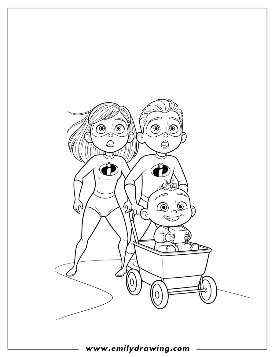 Outline drawing of violet and Dash shocked looking up, with happy Jack-Jack in a stroller
