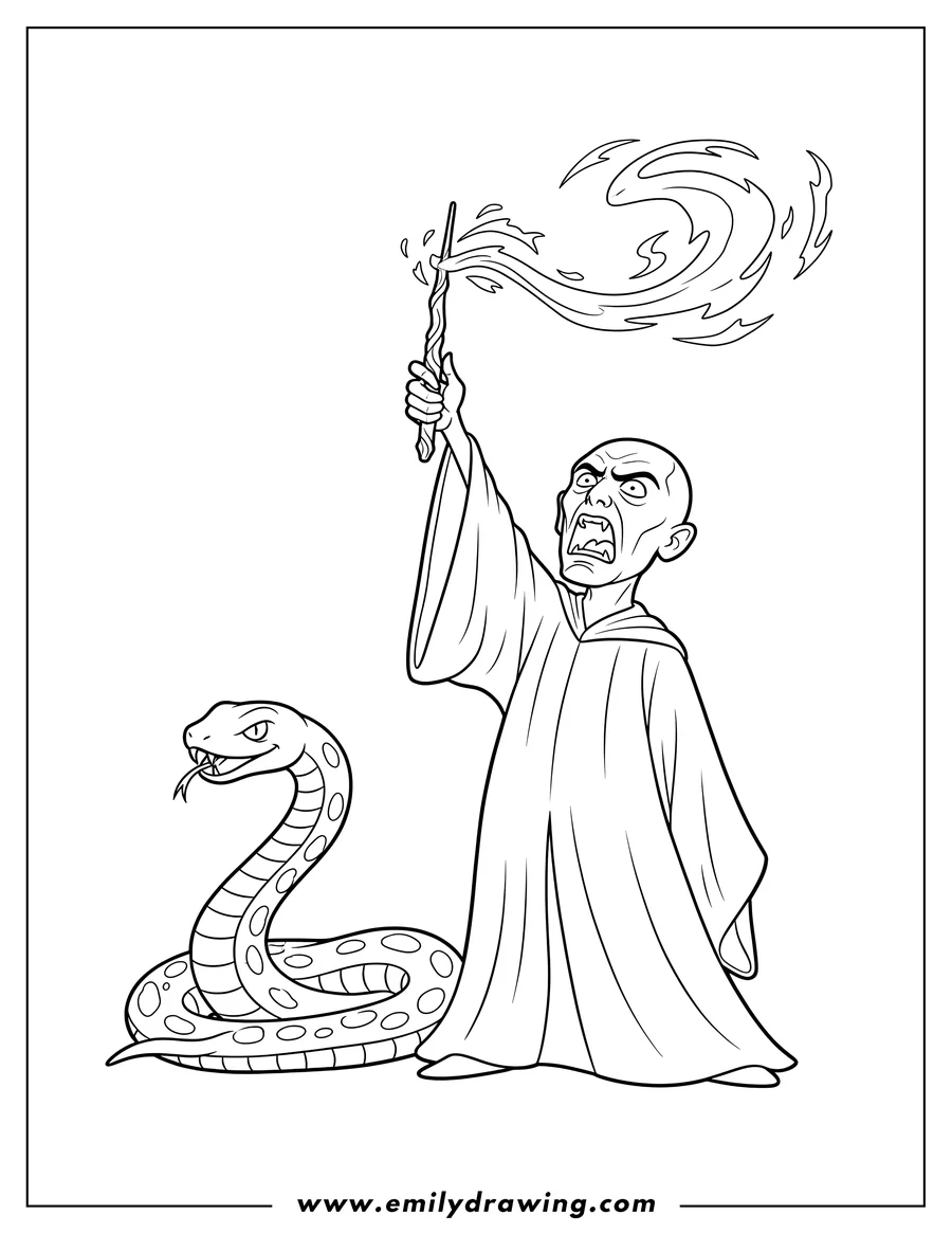 Coloring page for kids: voldemort casting a strong spell with a raised wand, shouting, and a snake nearby