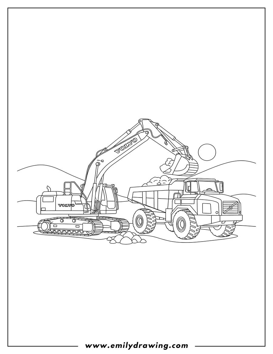 Coloring sheet featuring volvo Excavator loading a Volvo dump truck