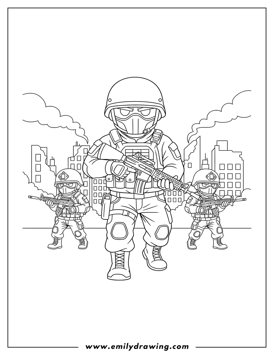 Doodle style coloring picture of call Duty Warzone soldiers with assault rifles advancing
