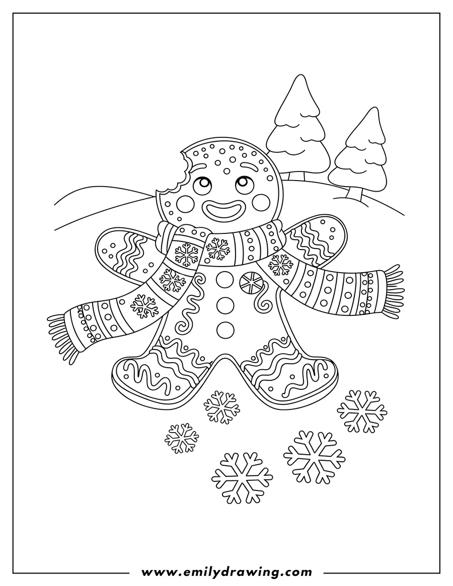 Coloring page for kids: winter Themed Gingerbread Man With Bite Missing, lying on his back and wearing a scarf