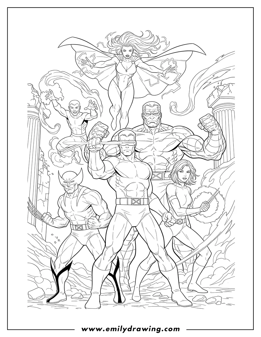 High quality printable X Men Cyclops Wolverine Psylocke holding a psi-knife Colossus Storm flying and using powers And Nightcrawler for coloring