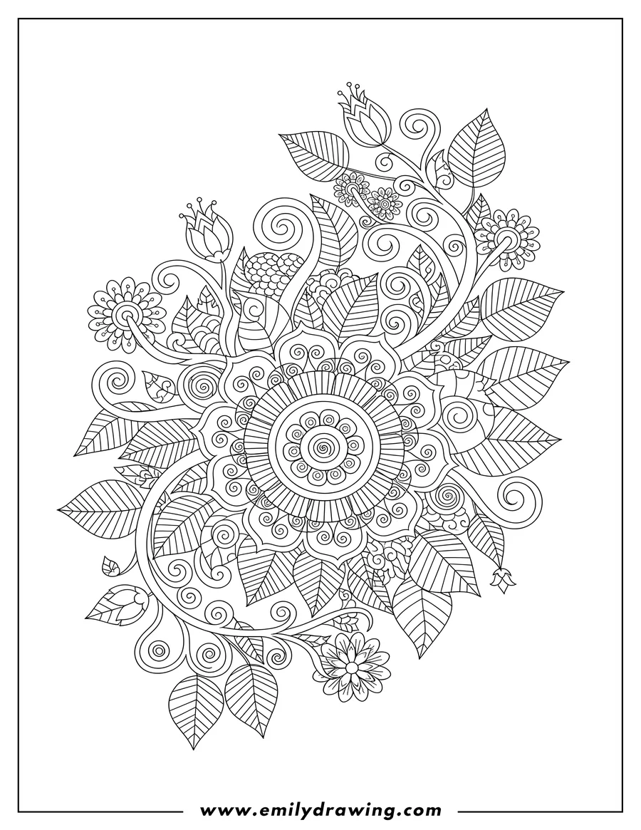 Doodle style coloring picture of zentangle ornamental floral and leaf pattern