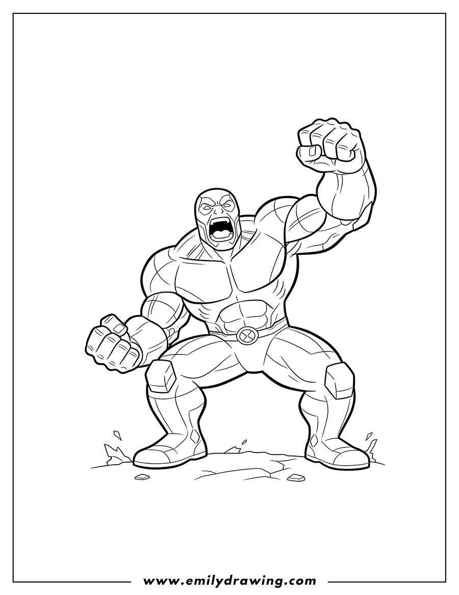 Clean line drawing: colossus From Deadpool, crouching and roaring with a raised fist
