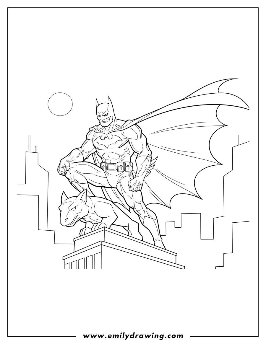 Clean line drawing: comic Batman sitting heroically with his cape flowing