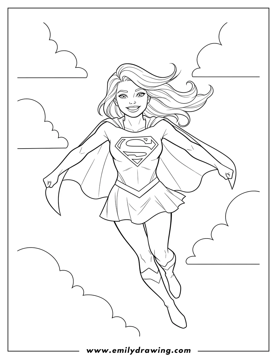 Outline drawing of comic Supergirl Clouds, flying and smiling, with long flowing hair