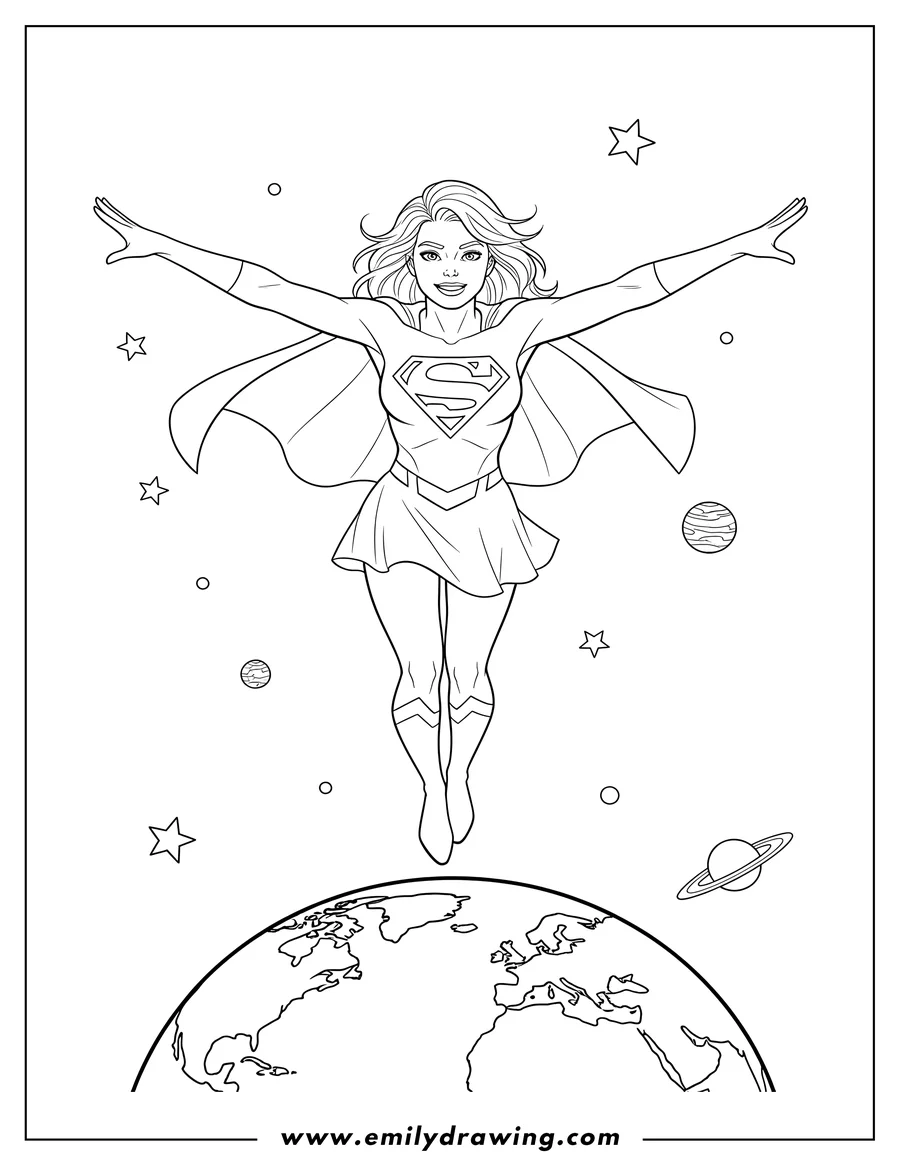Coloring page for kids: comic Supergirl Flying Above Earth, with arms outstretched and an S-shield on her chest