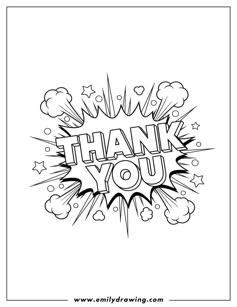 High quality printable comic Thank You Speech Bubble with 3D block letters and comic burst puffs for coloring