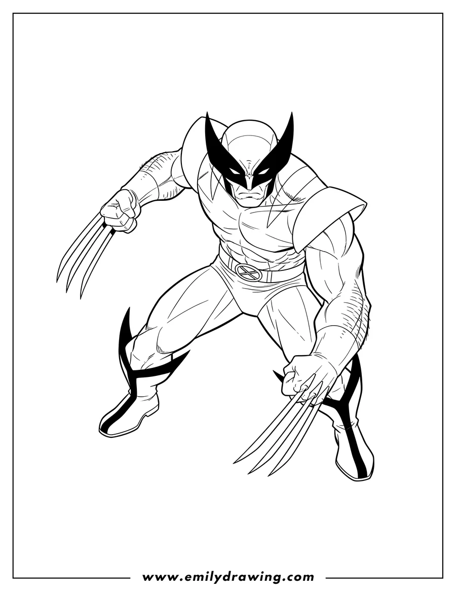 Printable coloring page of comic Wolverine V2 with extended claws, in a dynamic pose