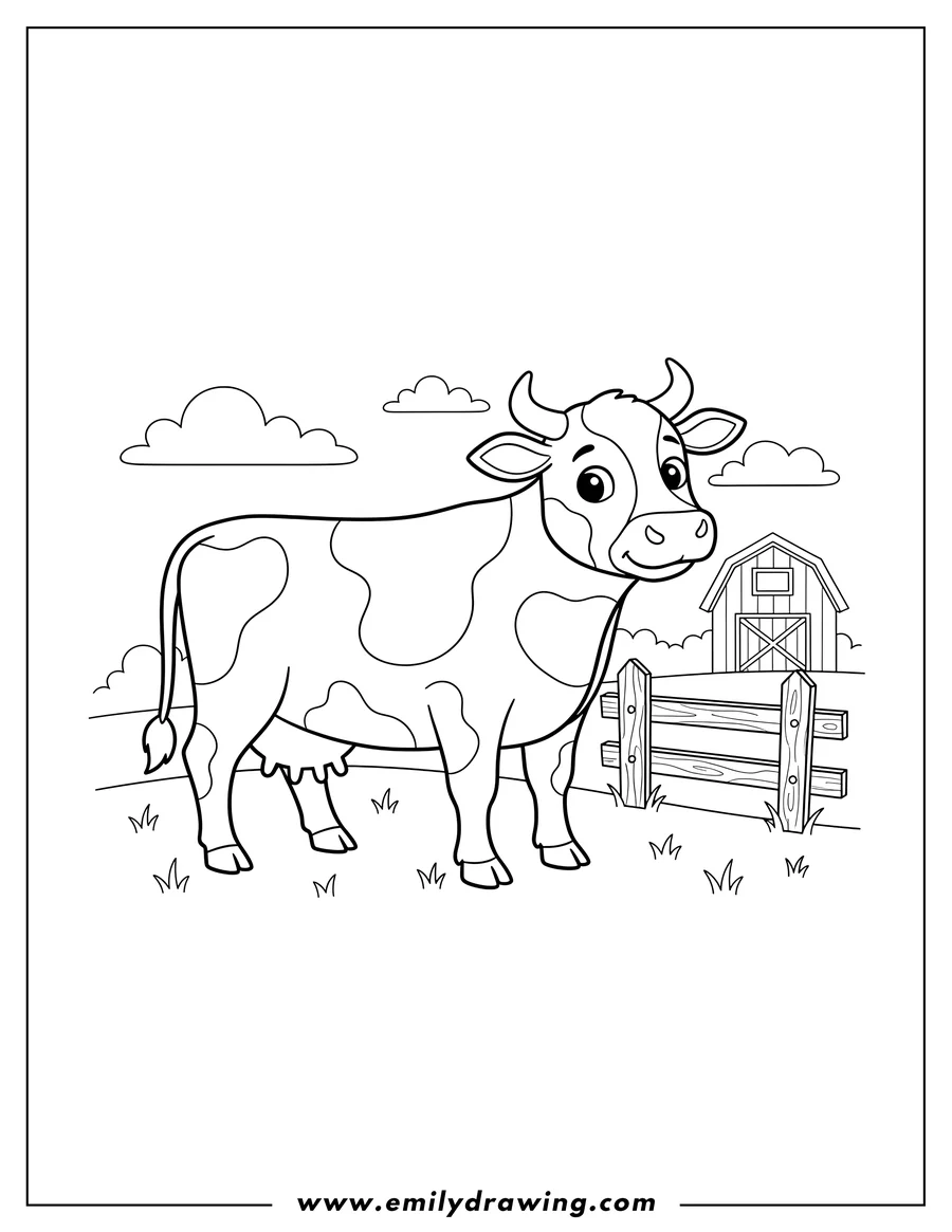 Vector style outline of common Farm Cow with horns standing next to a fence
