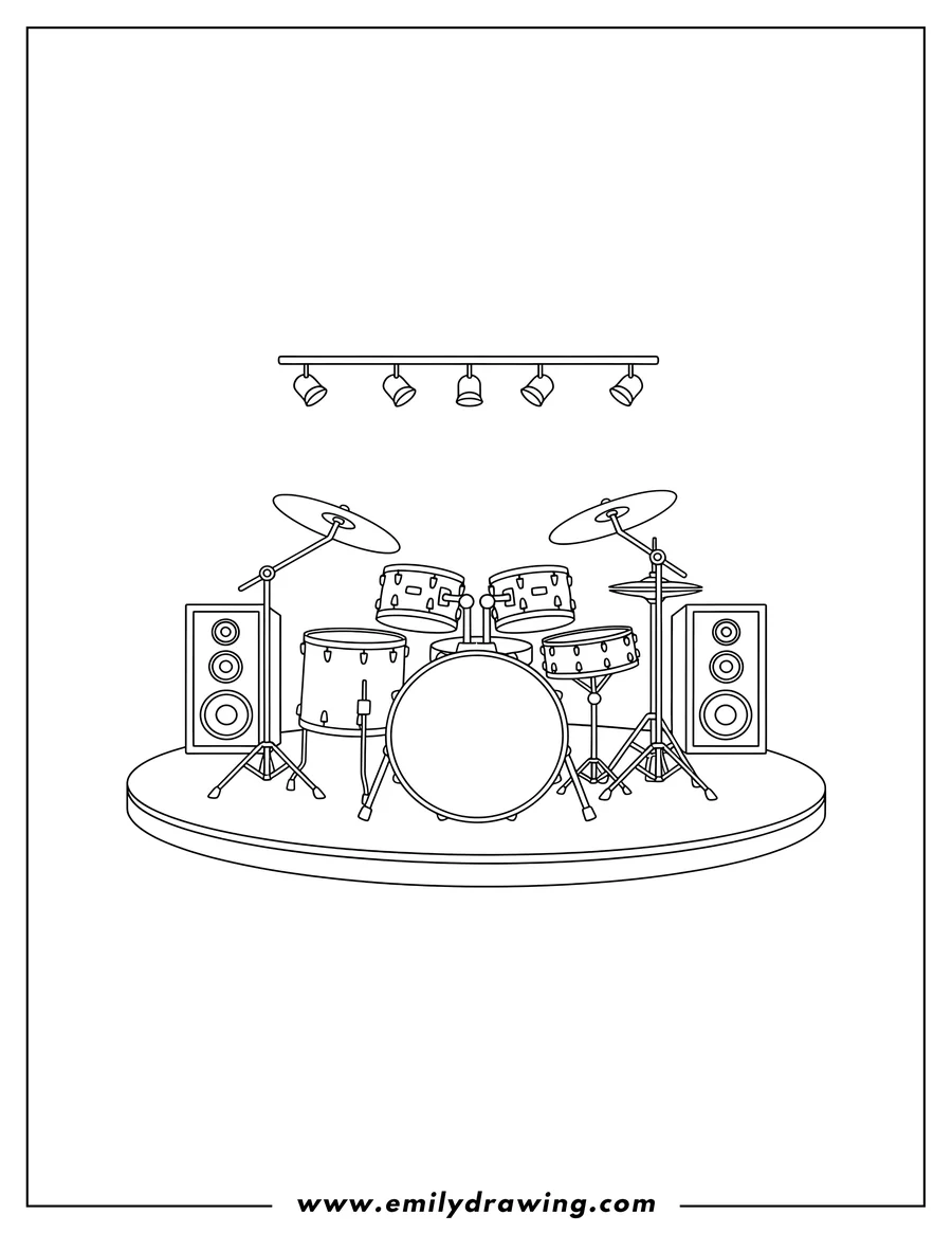 Vector style outline of complete Drum Set On Stage with two tom-toms, a bass drum, and cymbals
