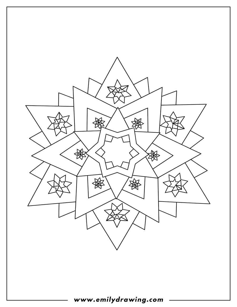 High quality printable complex Geometric Stars, with many intricate, layered stars within stars for coloring