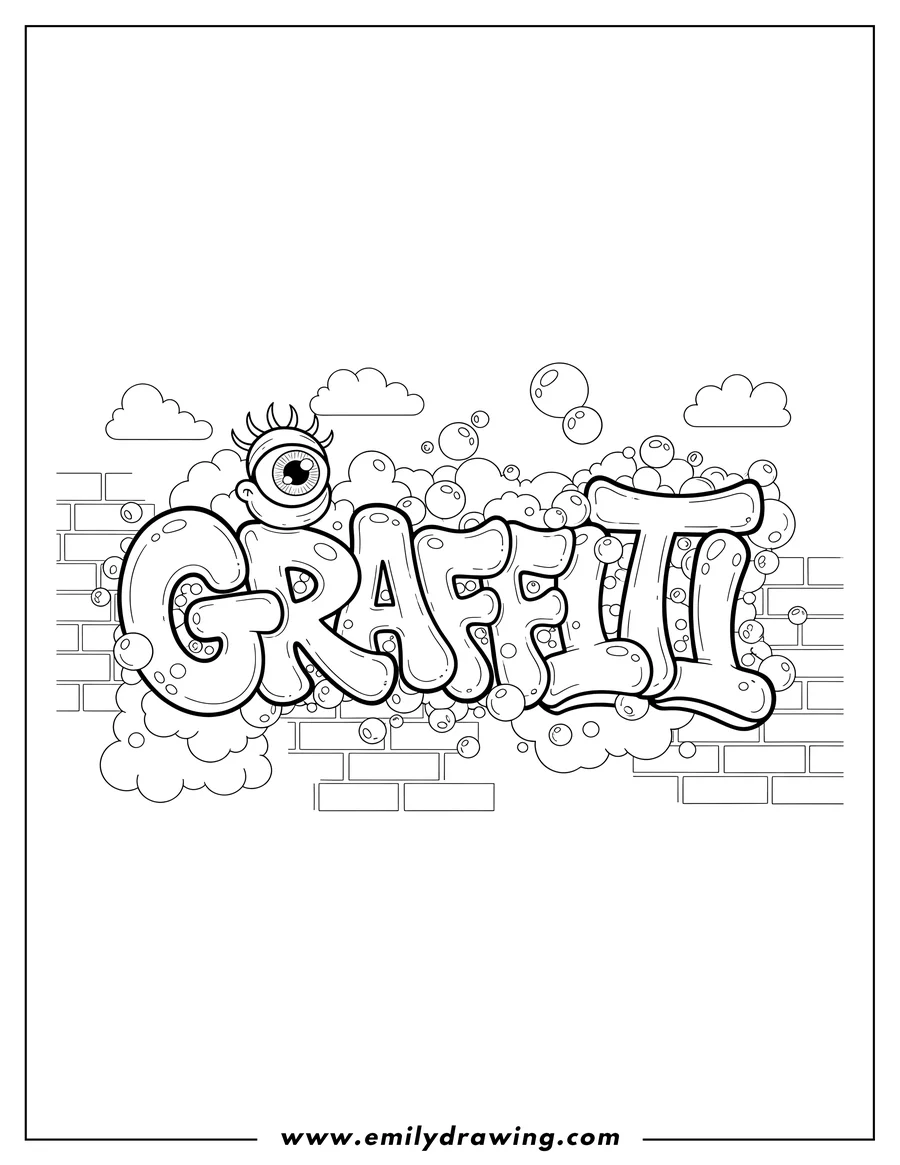 High quality printable complex Letter Graffiti featuring an eye, clouds, and bubbles for coloring