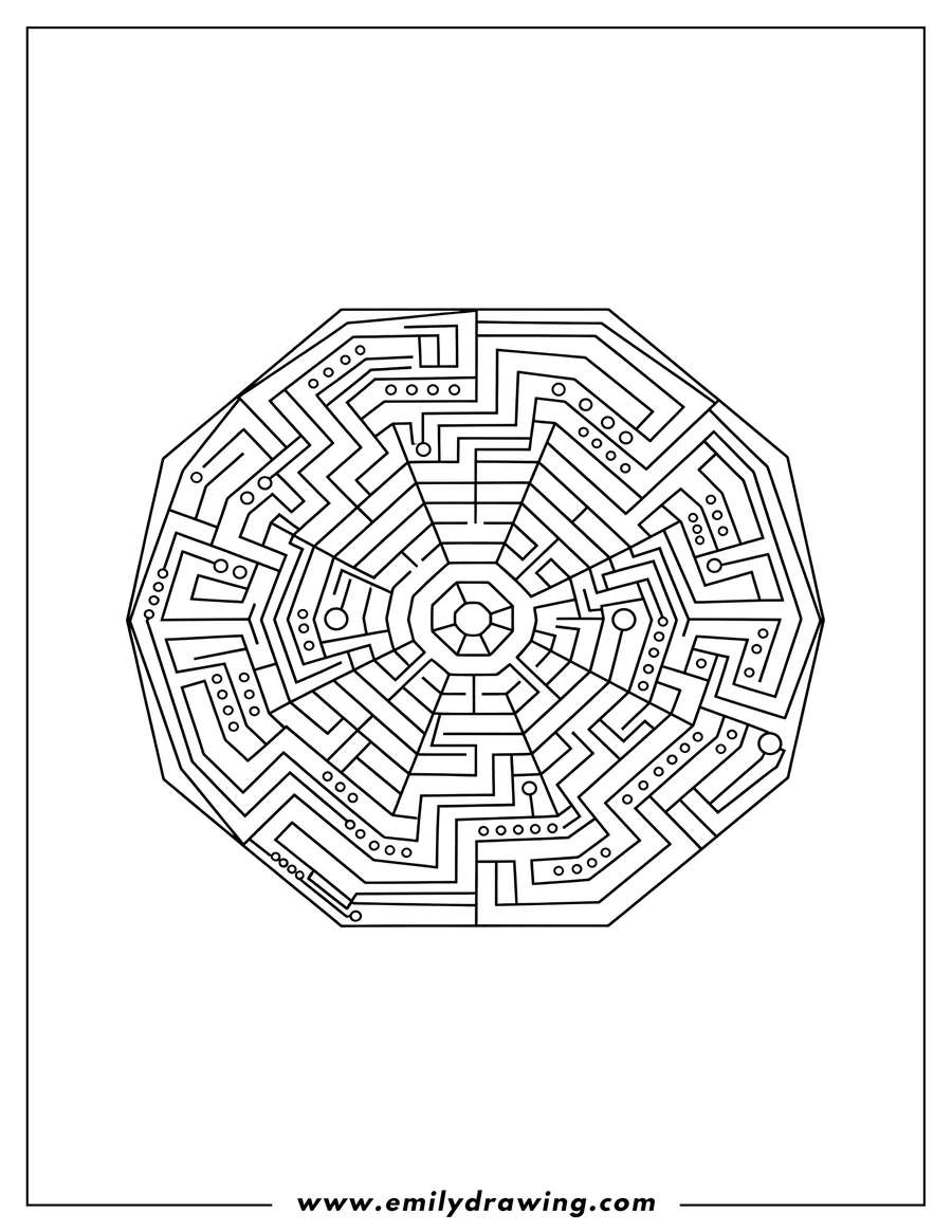 Doodle style coloring picture of complex Octagon Geometric Maze with Dots Inside