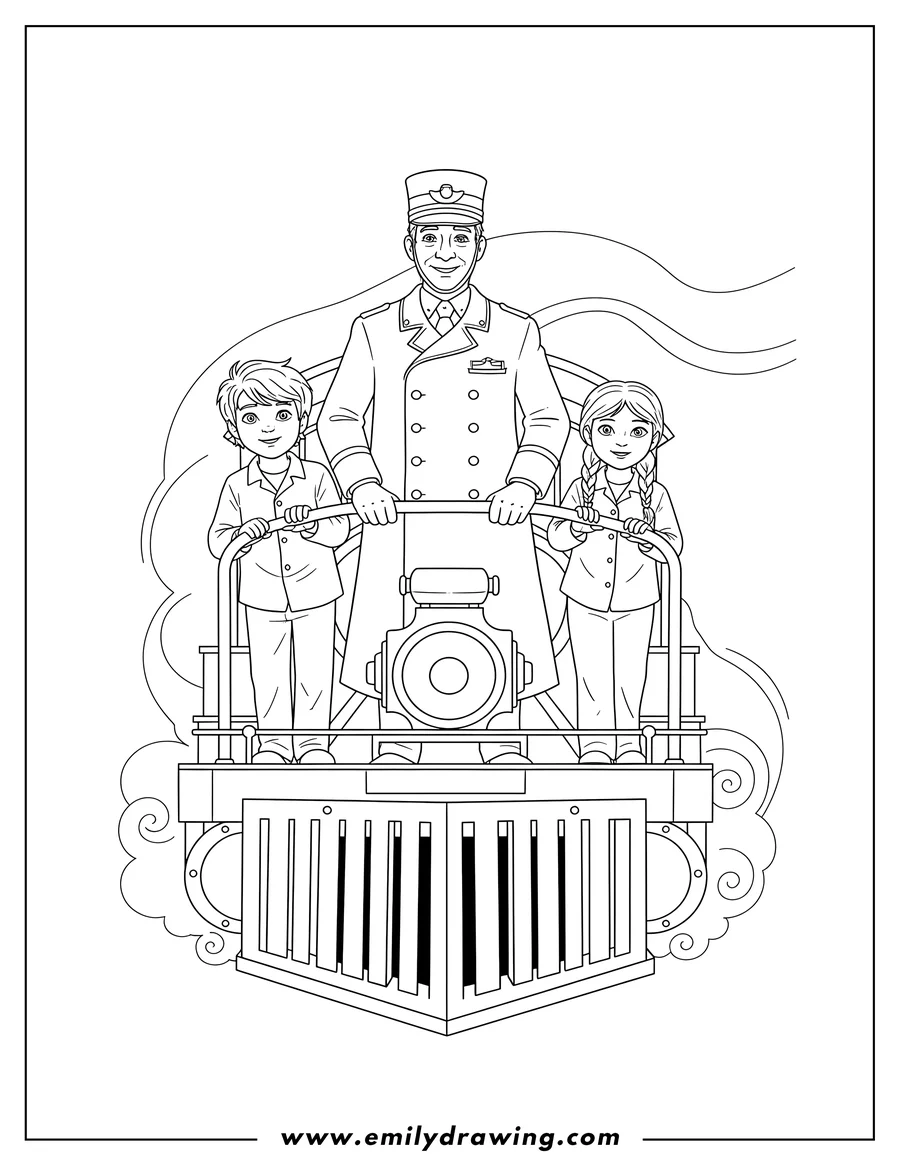 PDF style coloring page: conductor, Hero Boy, and Hero Girl on the front platform of the Polar Express, with the boy and girl holding a bar
