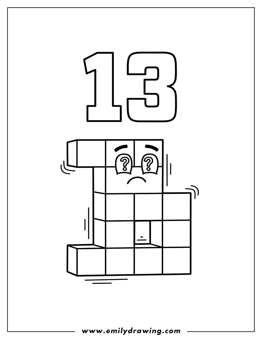 High quality printable confused 13 Numberblocks, made of 13 squares, with the number 13 above for coloring