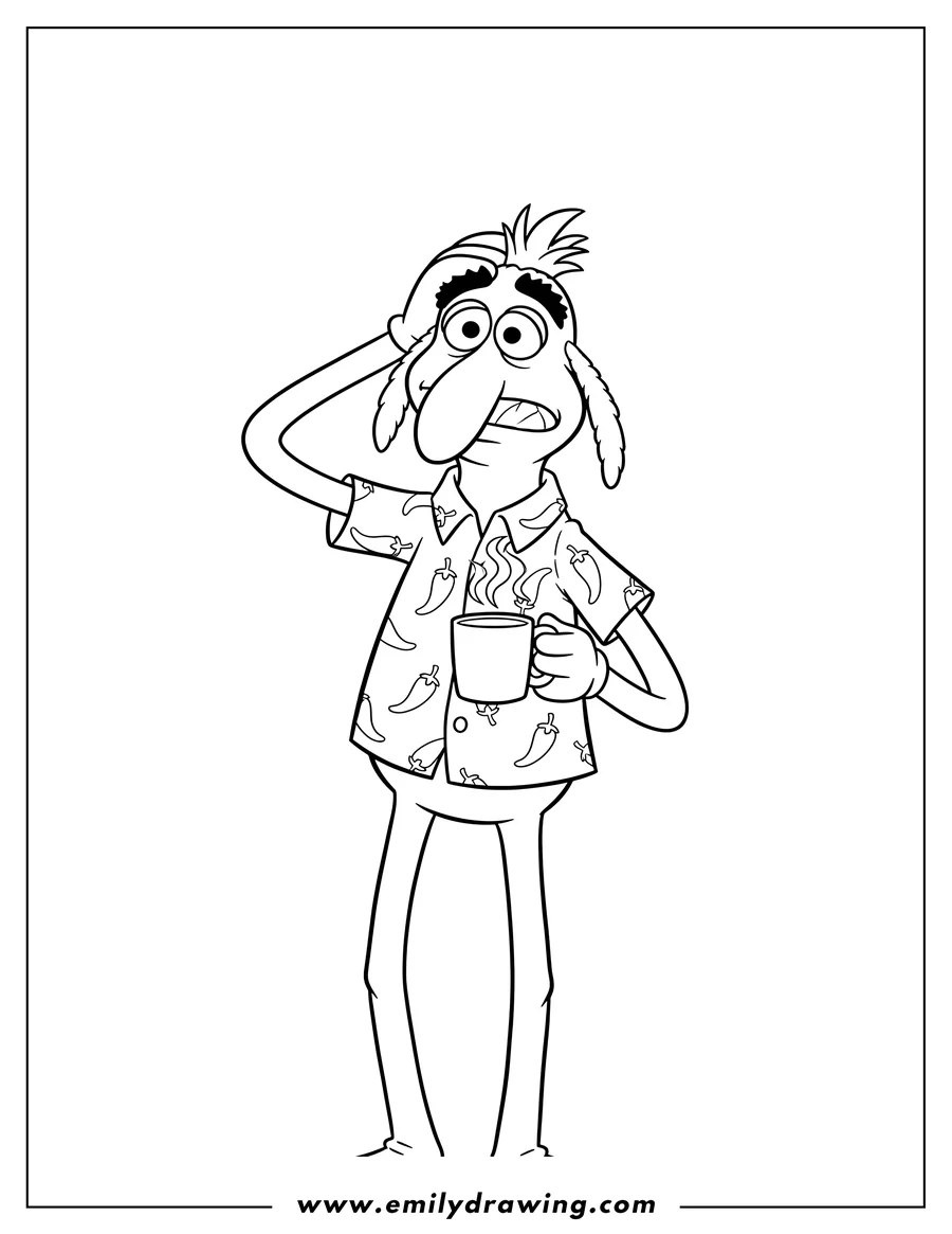 Vector style outline of confused Gonzo in a chili pepper shirt, scratching his head and holding a coffee cup