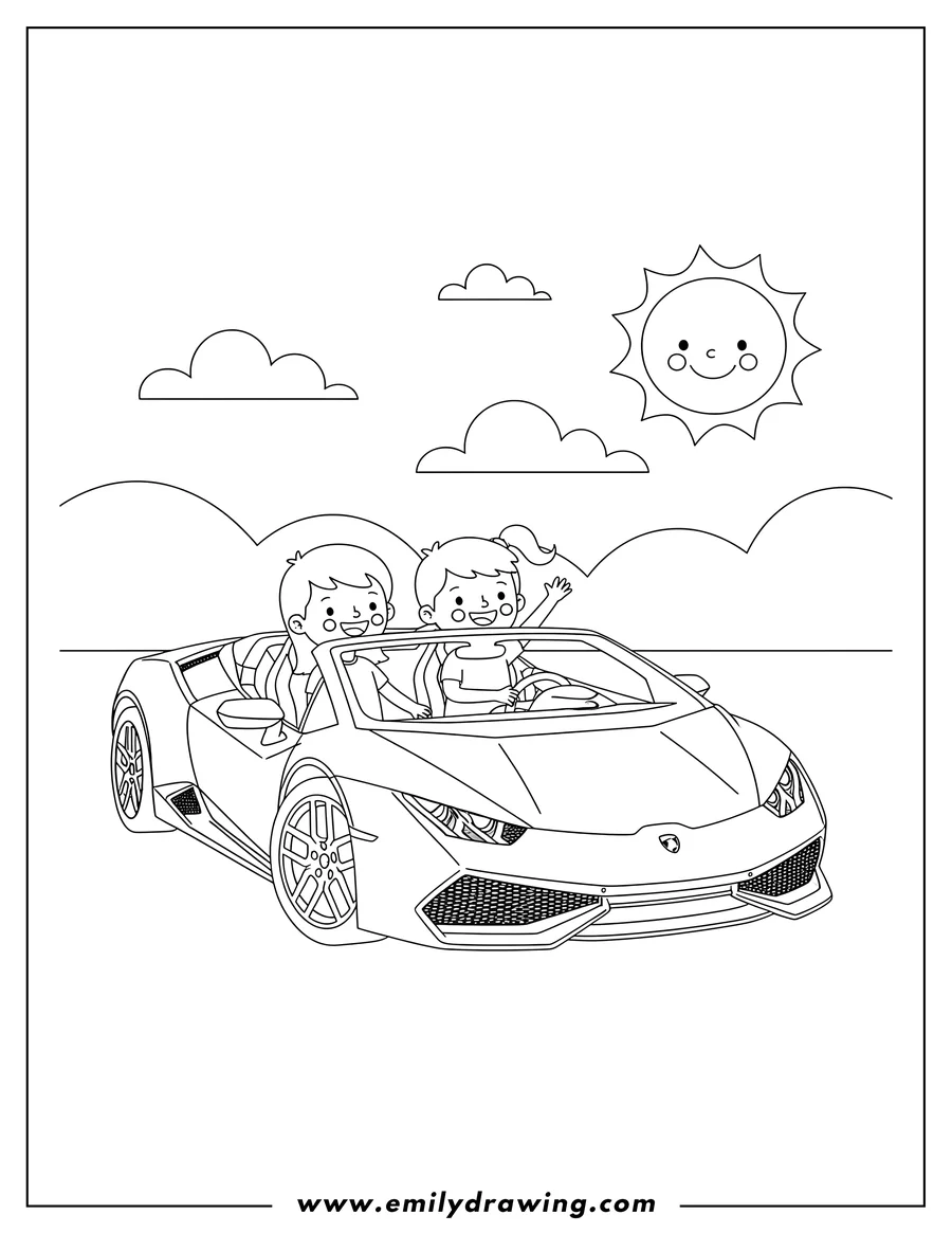 High quality printable convertible Lamborghini Huracan with two people inside for coloring