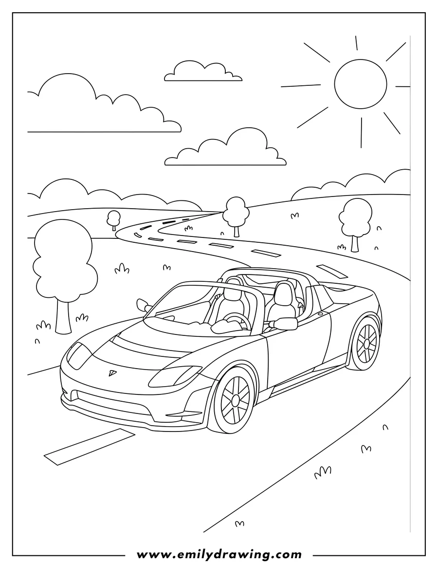 Outline drawing of convertible Tesla Roadster driving on a road