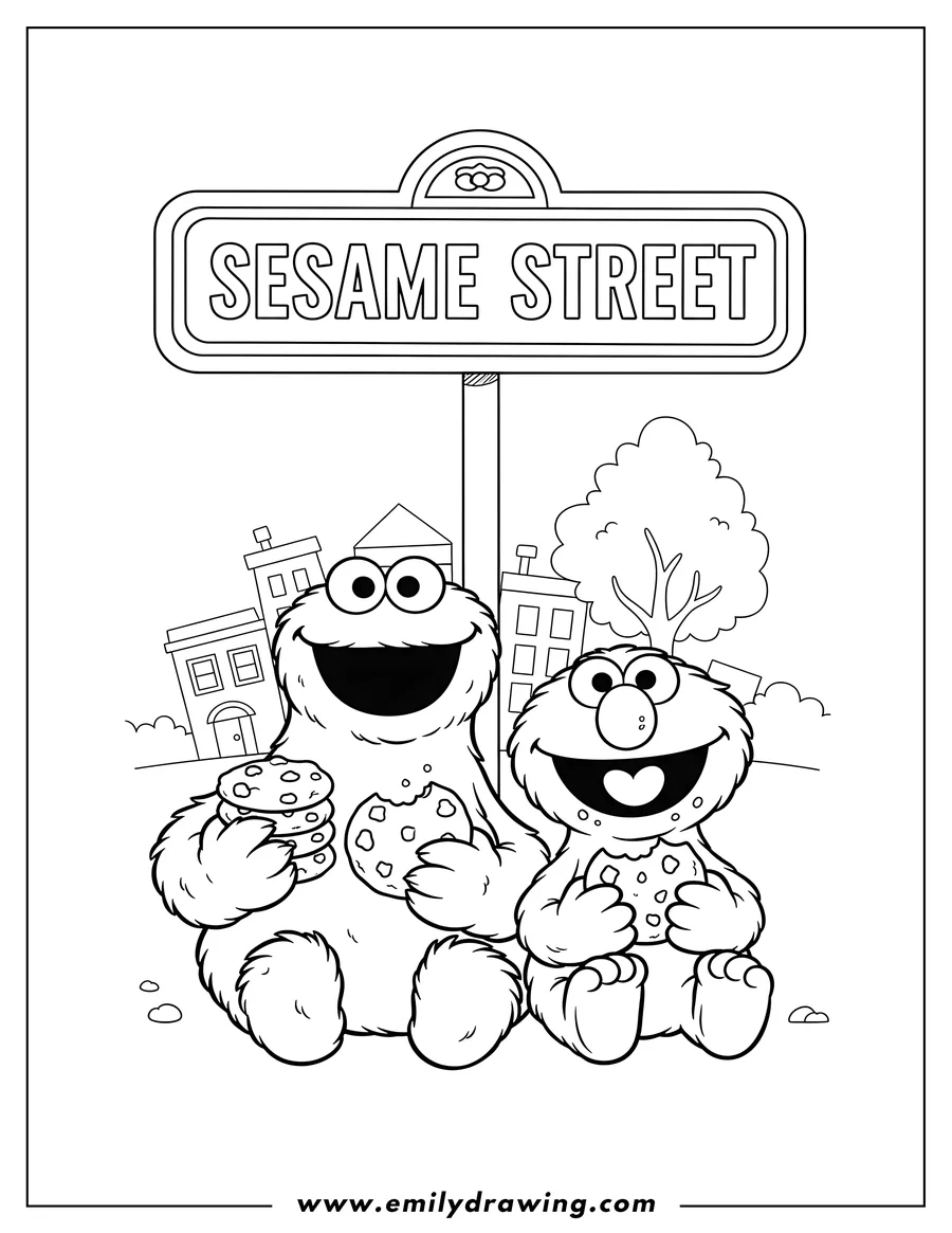 Outline drawing of cookie Monster and Elmo happily eating cookies under the Sesame Street sign