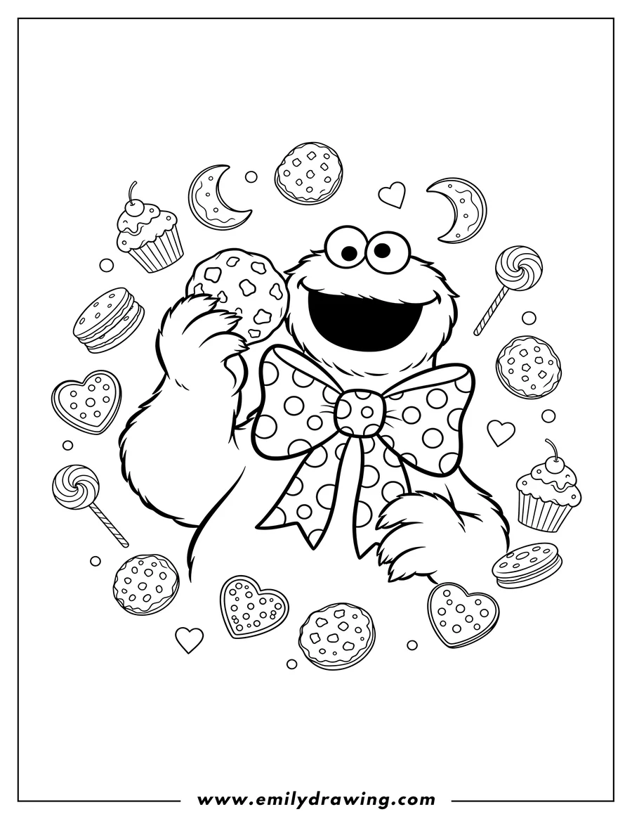 Linear illustration of cookie Monster holding a cookie up and wearing a large bow, surrounded by cookies and sweets