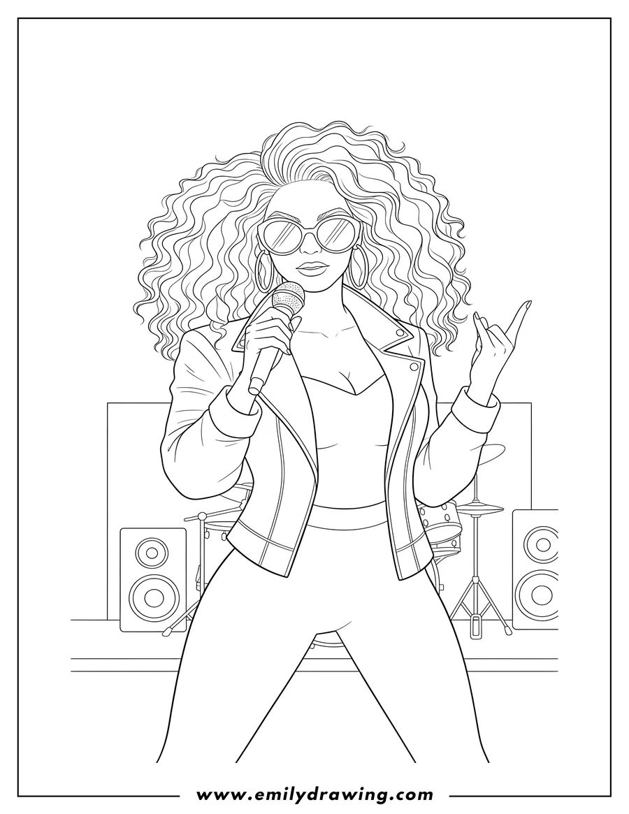 Free printable coloring sheet of cool Beyonce in sunglasses and a jacket, performing with a microphone and a rock-on gesture