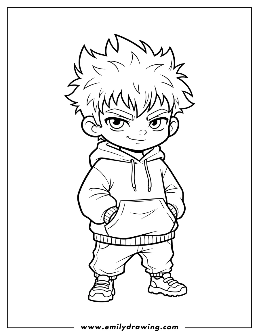 Simple sketch of cool Chibi Boy with spiky hair, wearing a hoodie with hands in pockets to color