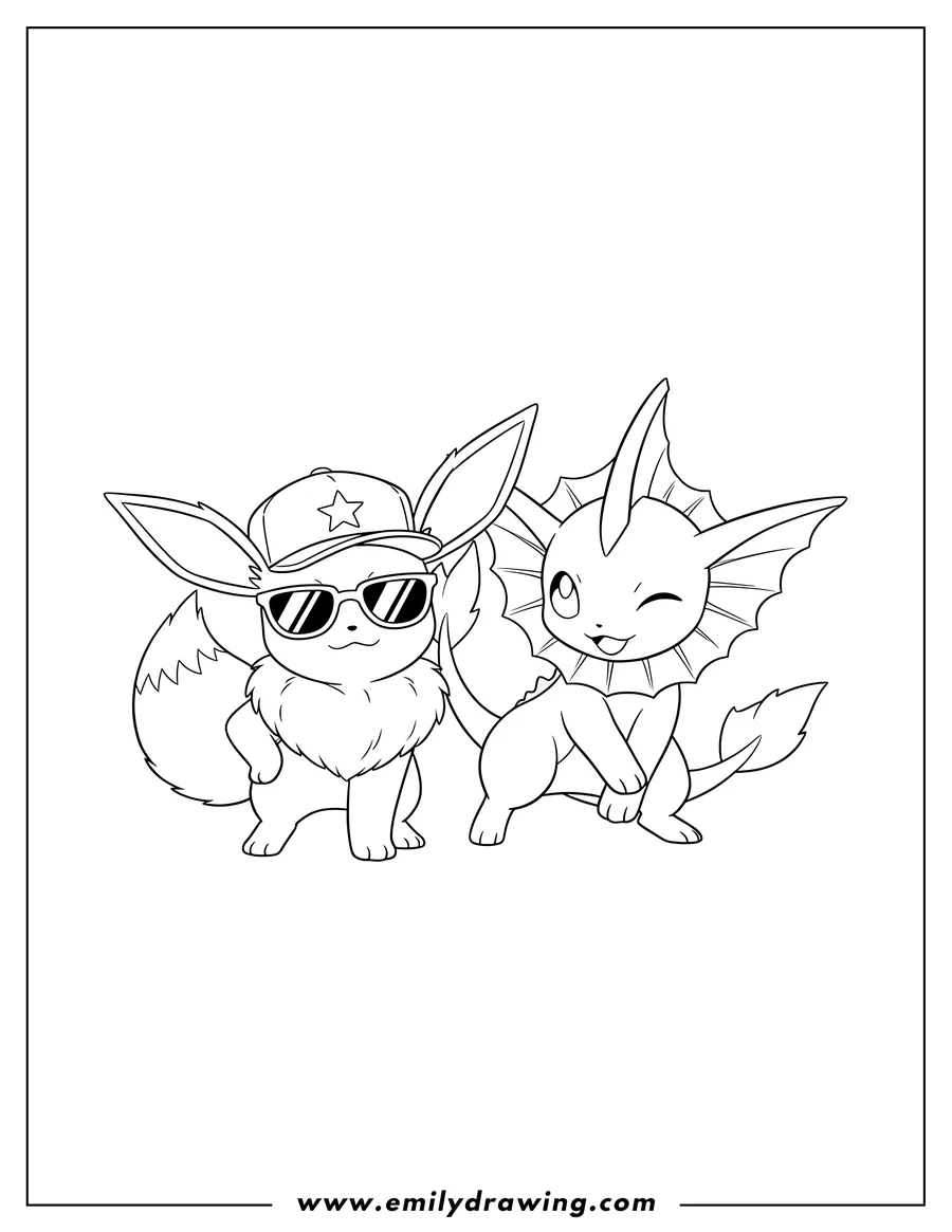 Coloring page of cool Eevee and Vaporeon posing together