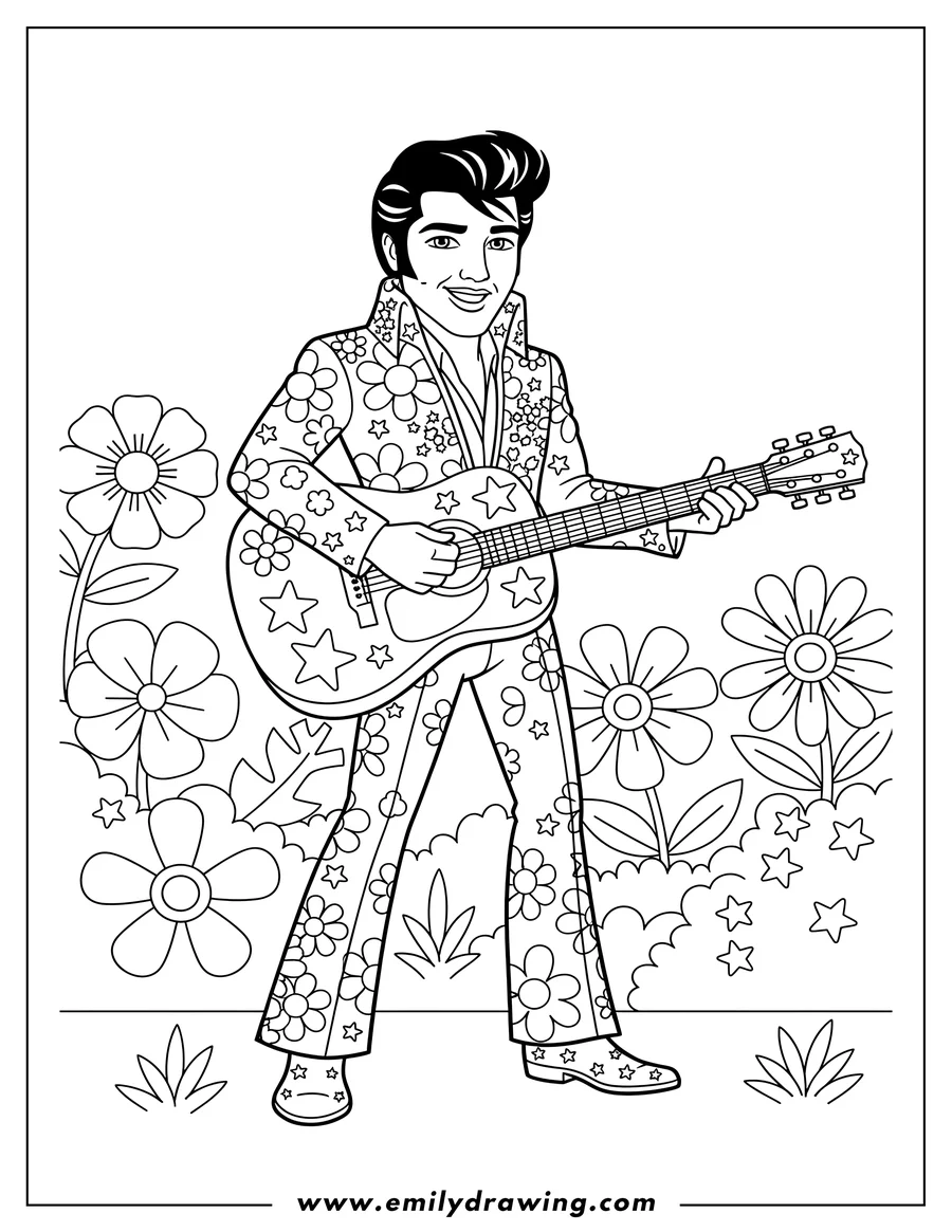 High quality printable cool Elvis Presley in a flower and star-decorated jumpsuit, standing and playing an acoustic guitar, in a garden for coloring