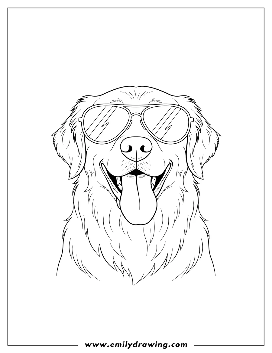 PDF style coloring page: cool Golden Retriever wearing sunglasses, smiling with tongue out