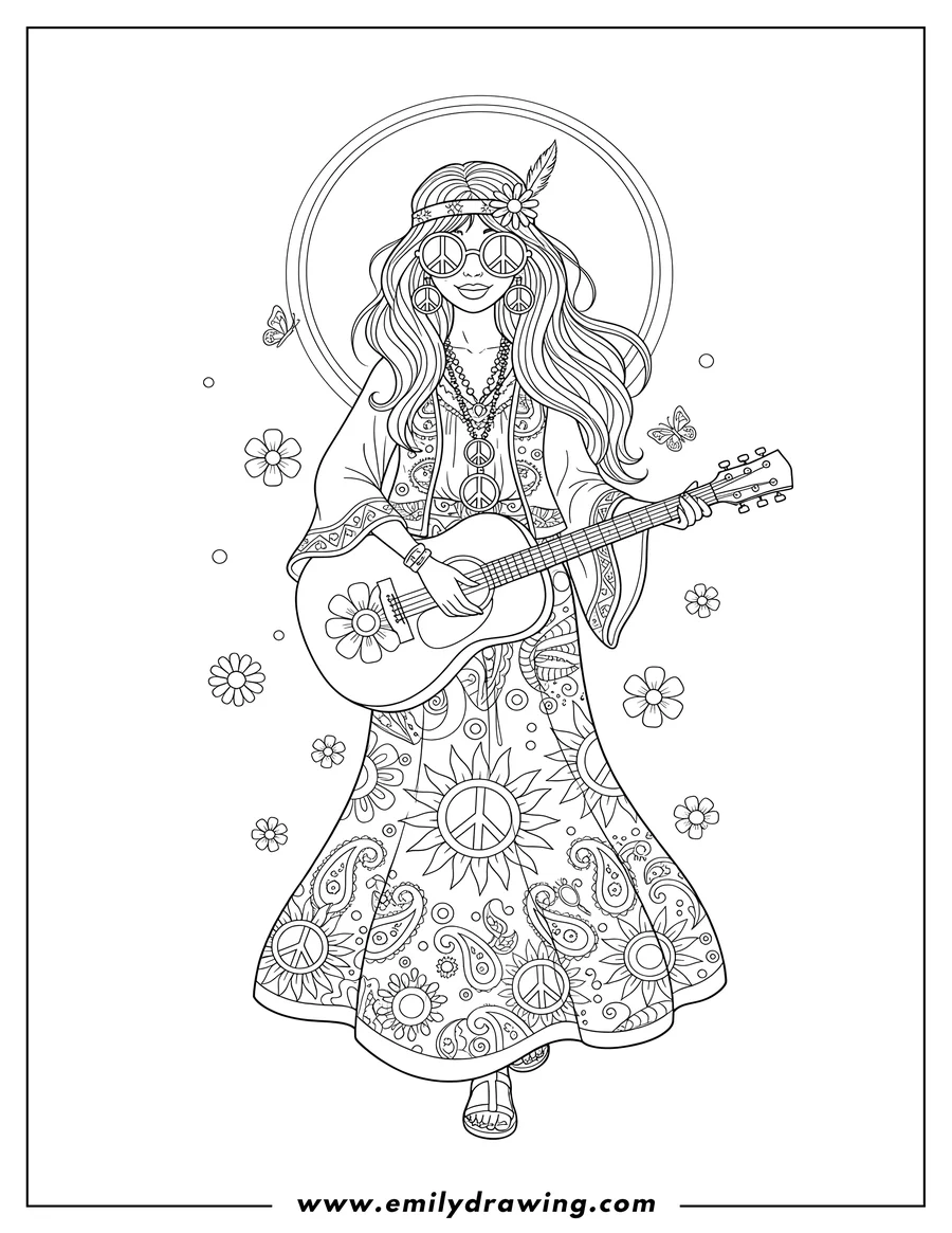 High quality printable cool Hippie Woman Wearing Sunglasses, a long patterned skirt, and layered peace sign necklaces for coloring