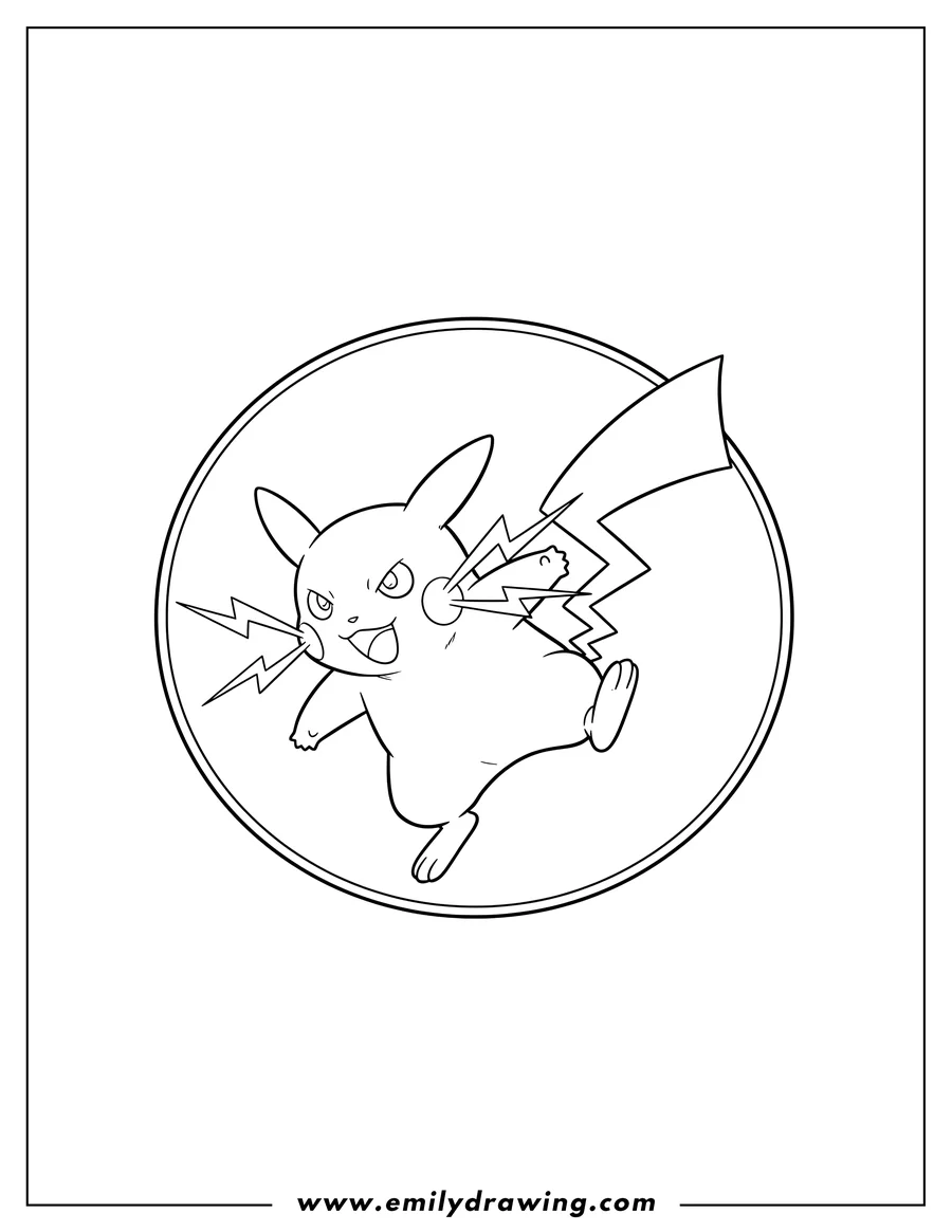 Black and white line art of cool Raichu with lightning cheeks and an electric tail, kicking inside a circle