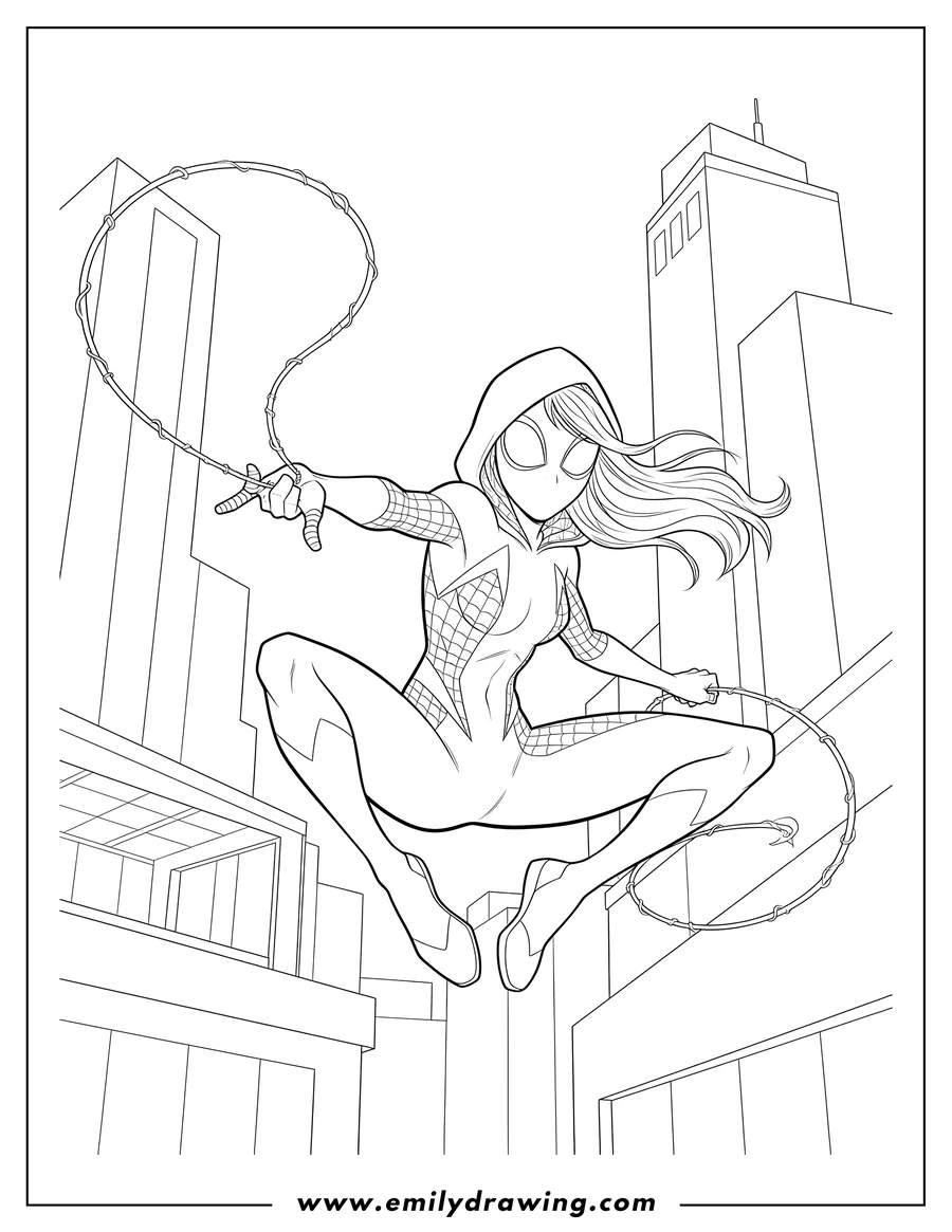 Simple sketch of cool Spider Gwen Swinging From Web, in a crouching pose, with arm extended to shoot web to color