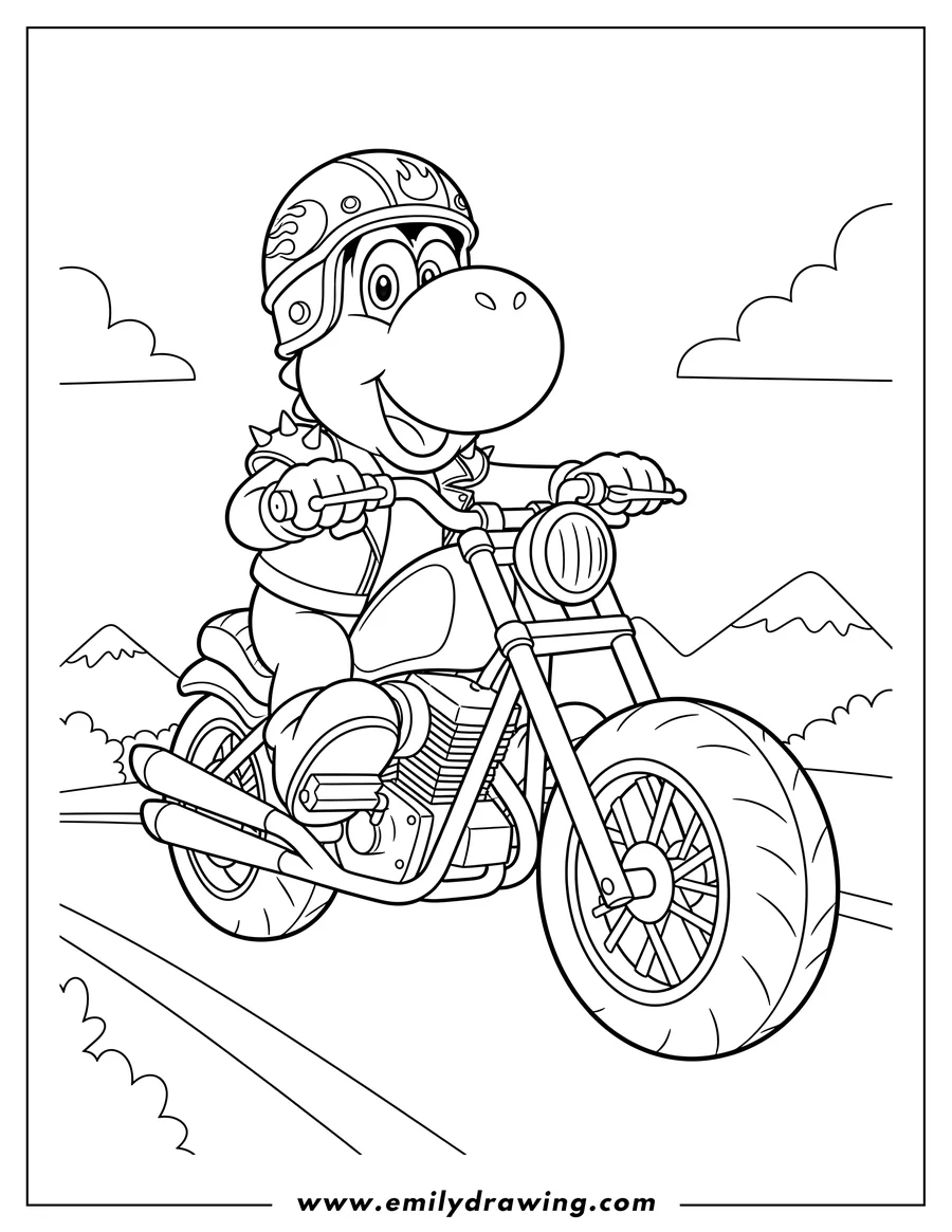 Free to print drawing of cool Yoshi riding a motorcycle, holding handlebars with an excited expression