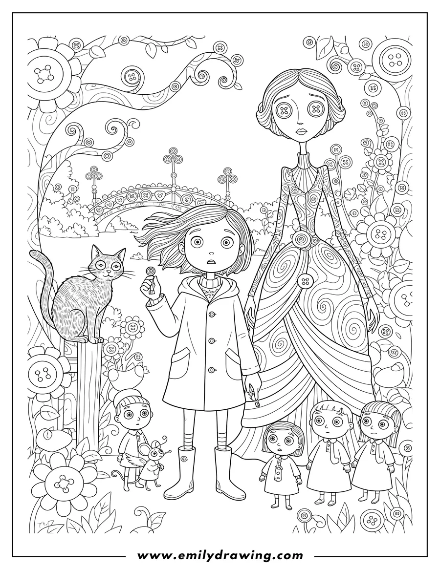 Coloring page of coraline Other World With Cat, Coraline looking surprised, with the large button-eyed Other Mother and other small characters