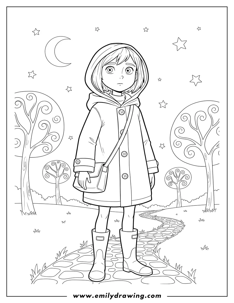 Printable coloring page of coraline Outside At Night, wearing a coat and boots and carrying a satchel