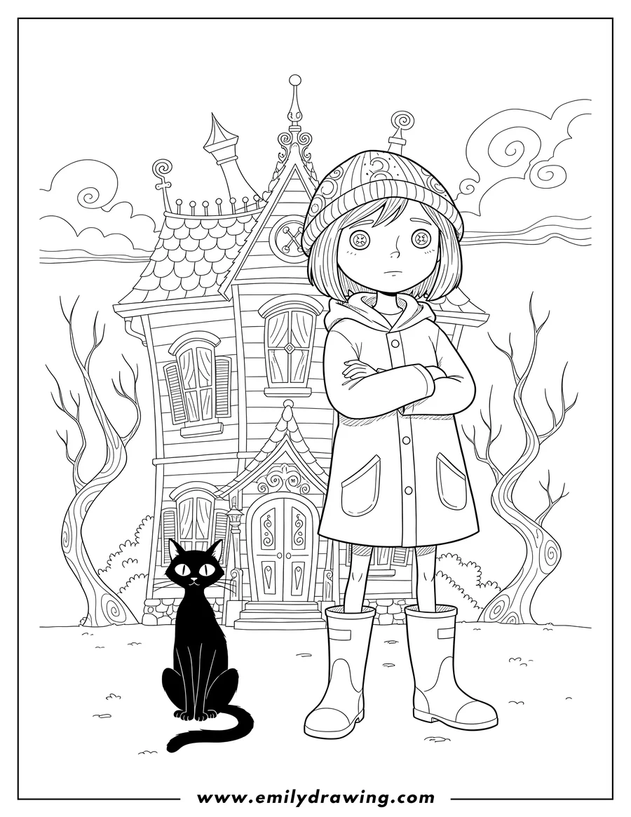 Black and white line art of coraline standing with arms crossed and cat sitting outside house