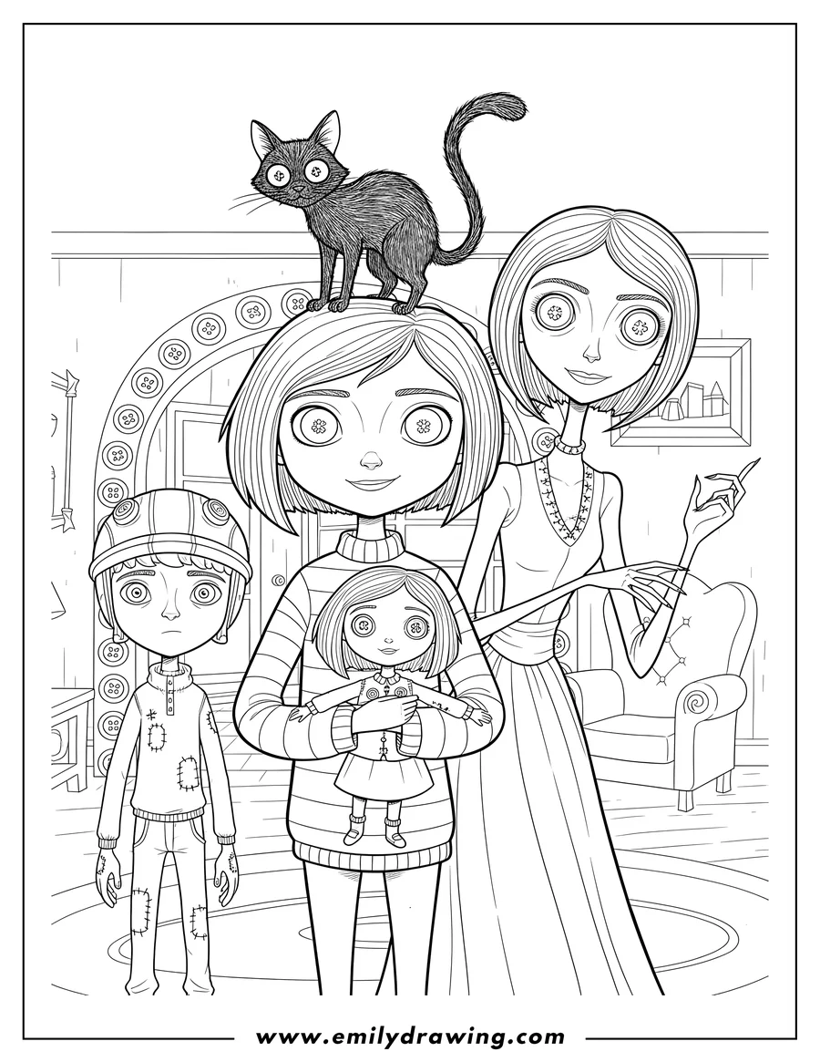 Black and white line art of coraline Movies with Coraline holding her doll, the Cat on her head, Wybie, and the Other Mother