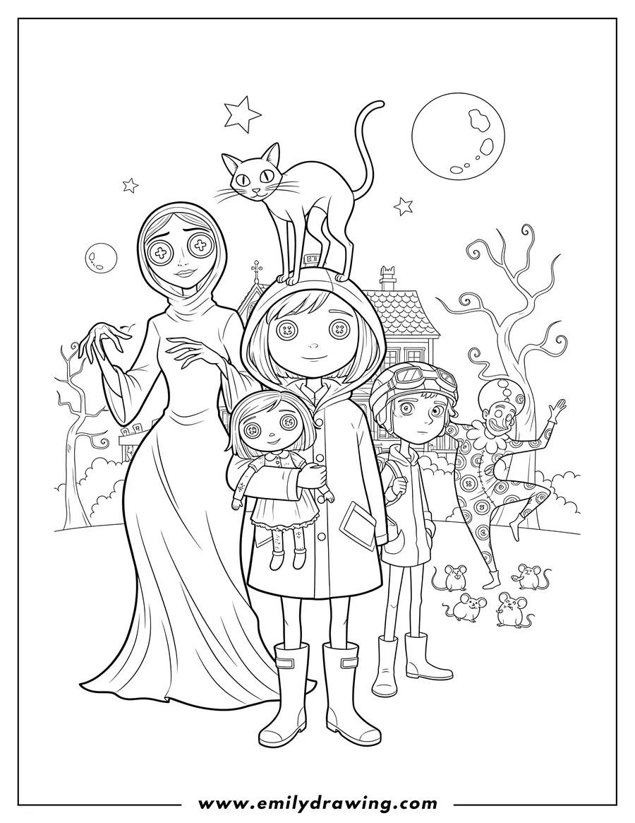 Coloring sheet featuring coraline holding a doll with the Cat on her head, Wybie, Other Mother, and a dancing Other Bobinsky