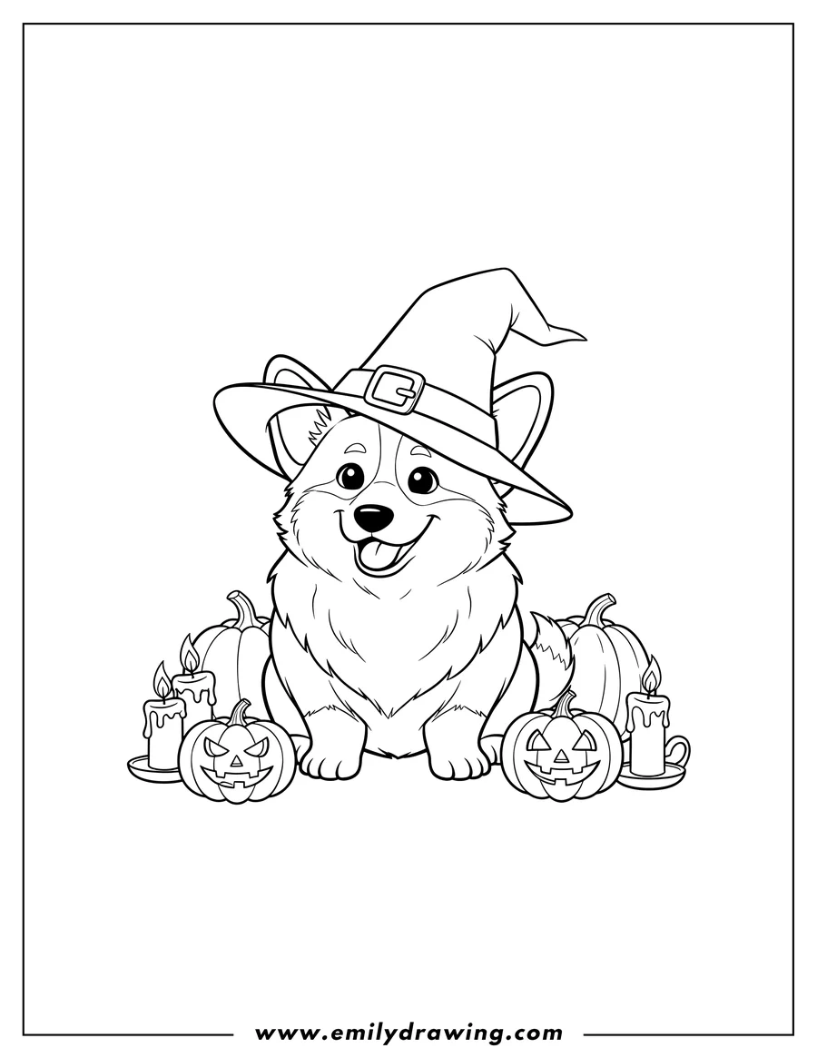 Coloring page for kids: corgi wearing a witch hat, sitting, surrounded by pumpkins and candles