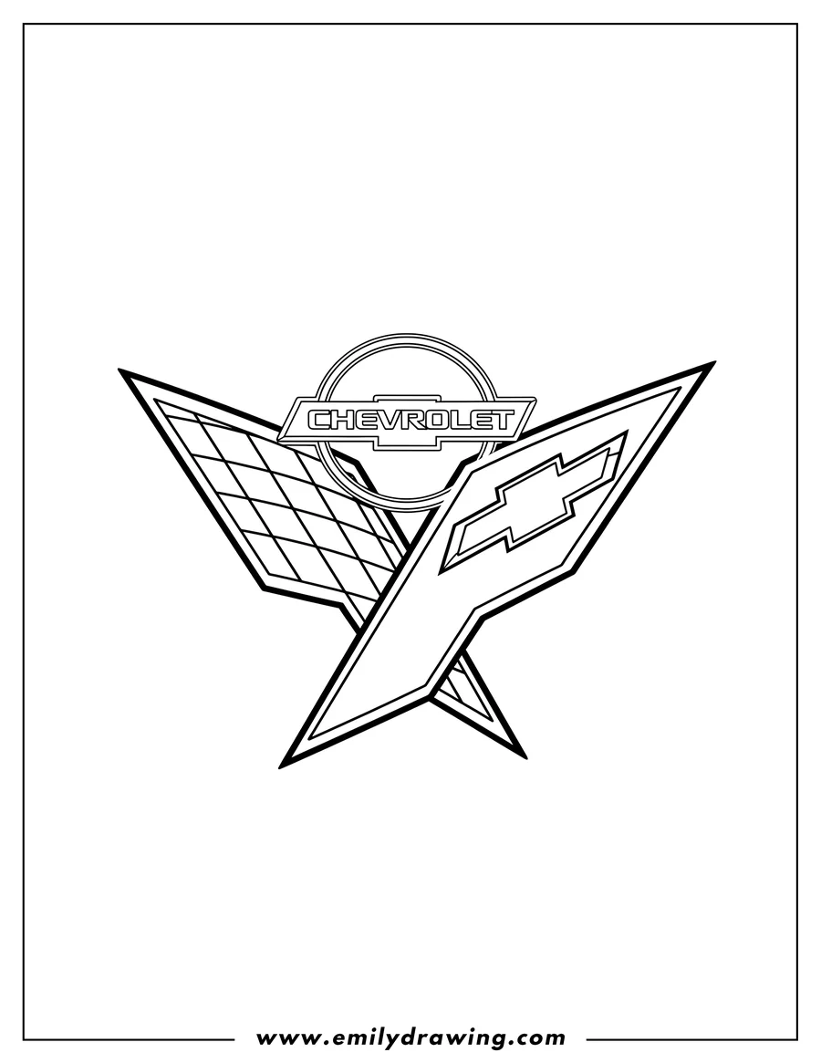 Black and white line art of corvette Logo, V-shaped with checkered pattern and Chevrolet emblem