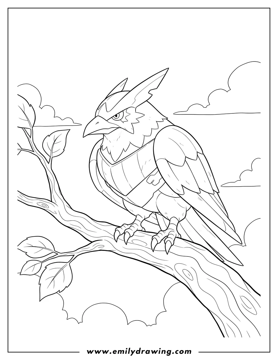Full page coloring image of corviknight Perched On Branch, looking sideways with a stern expression