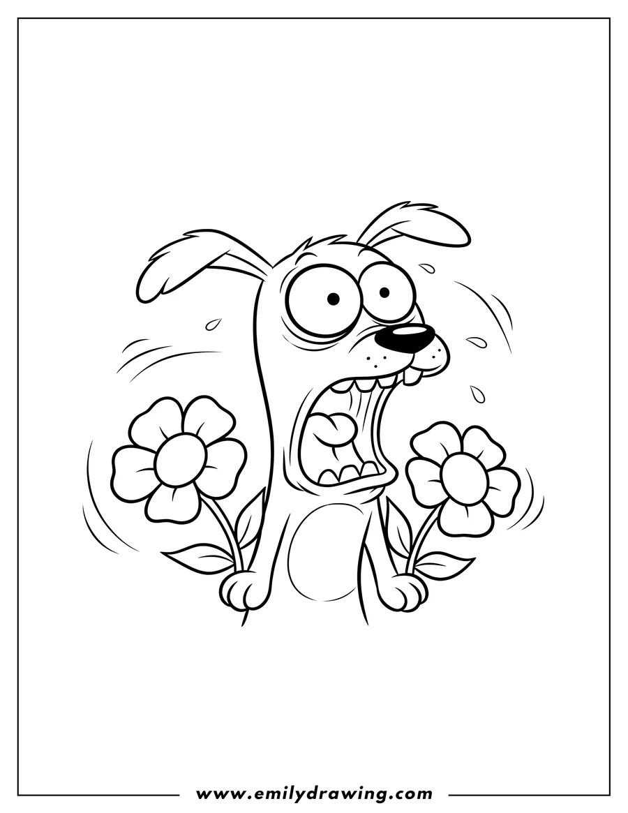 PDF style coloring page: courage Cowardly Dog screaming wide-eyed, mouth wide open, with flower paws